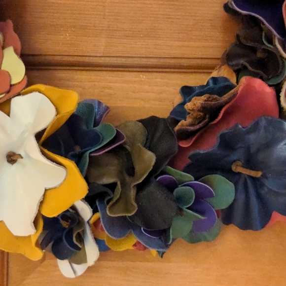 NEW! Handmade Leather Flower Rosette Wreath-14"  Multicolor - Picture 2 of 6